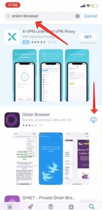 Запуск Onion Browser на iPhone